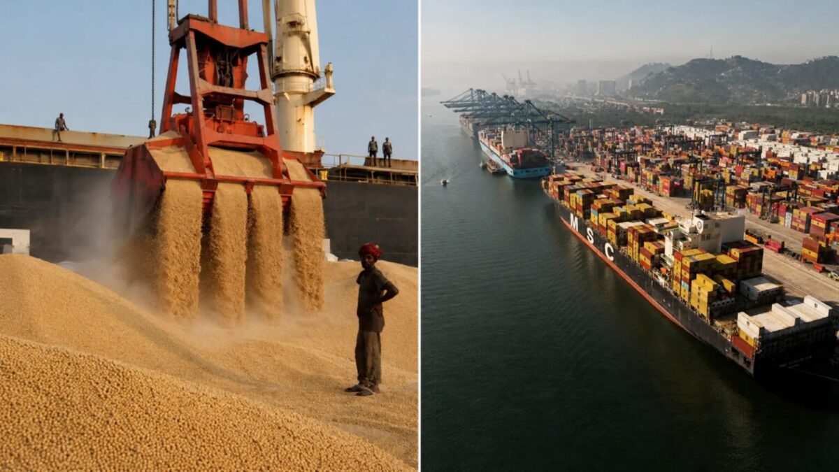 Embarque de soja a granel e navio porta-contêineres em porto brasileiro, ilustrando recorde de exportações do agronegócio