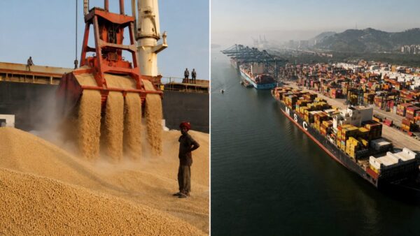 Embarque de soja a granel e navio porta-contêineres em porto brasileiro, ilustrando recorde de exportações do agronegócio