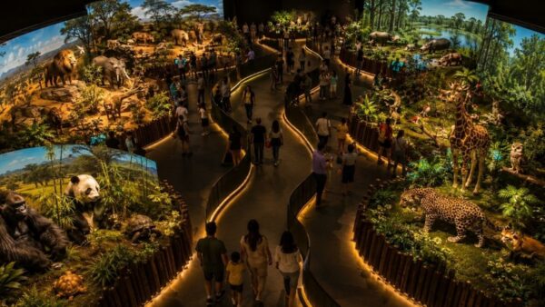 Visitantes caminham por trilha com animais animatrônicos em escala real na exposição Reino Vivo