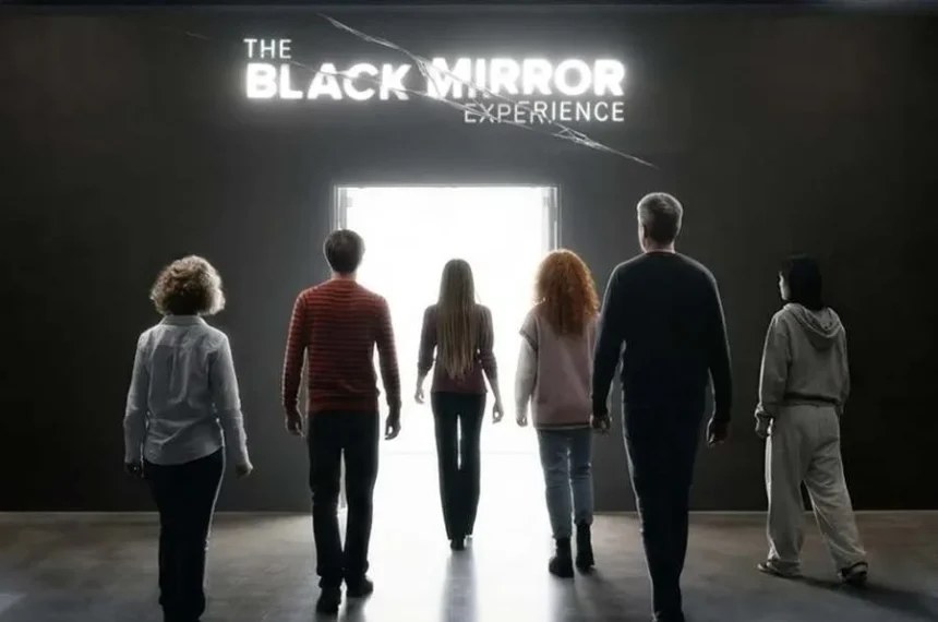 Grupo de visitantes entra na instalação The Black Mirror Experience