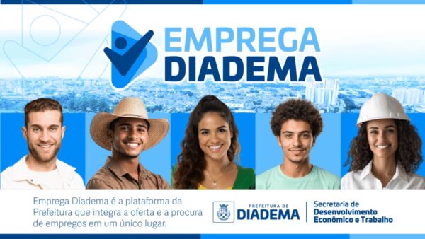 Banner do programa Emprega Diadema com fotos de trabalhadores de diferentes profissões