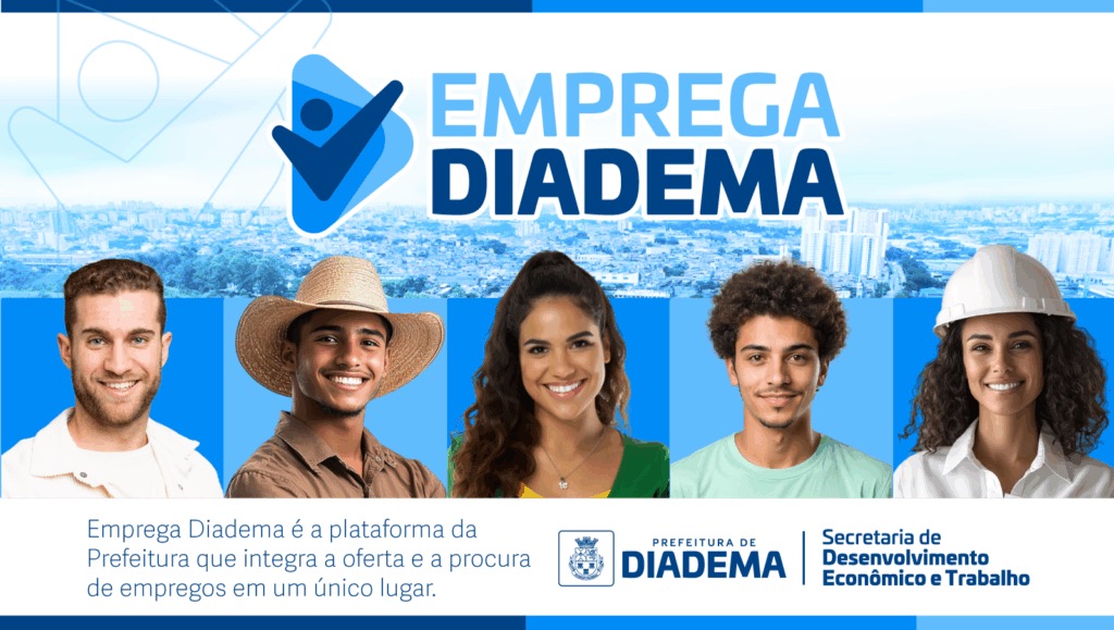 Banner do programa Emprega Diadema com fotos de trabalhadores de diferentes profissões