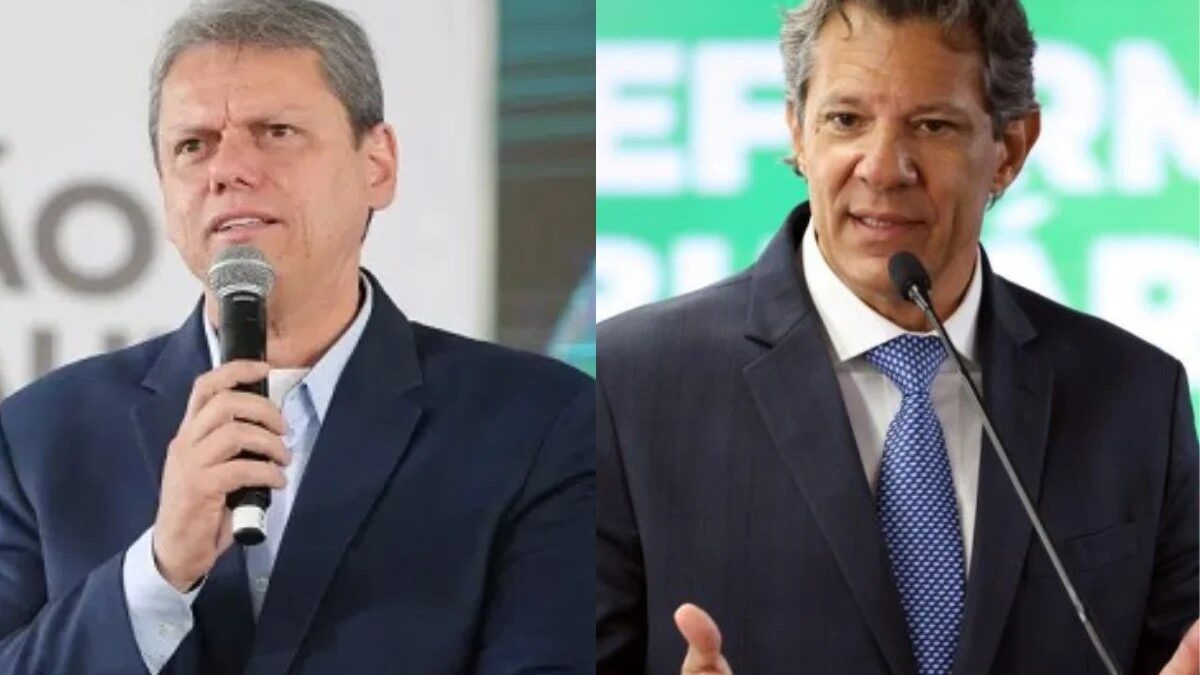 Fotomontagem de Tarcísio de Freitas e Fernando Haddad em discursos