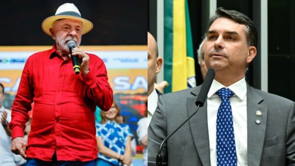 Montagem com fotos do presidente Lula discursando e do senador Flávio Bolsonaro em plenário