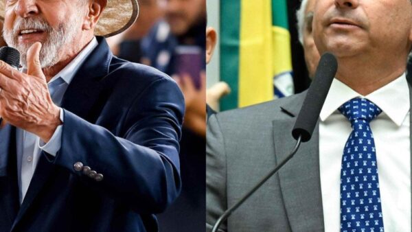 Fotos lado a lado do presidente Lula discursando ao microfone e do senador Flávio Bolsonaro em plenário