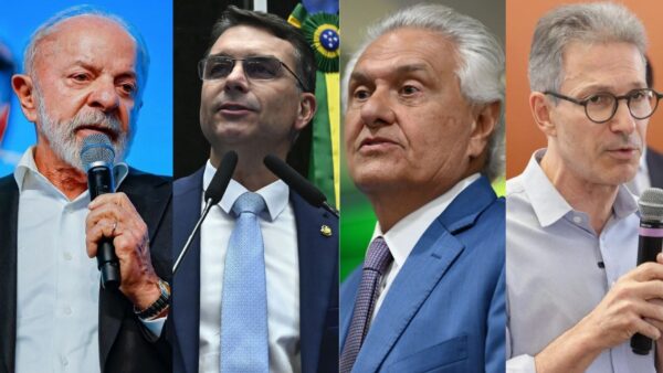 Montagem com fotos de Lula, Flávio Bolsonaro, Ronaldo Caiado e Romeu Zema
