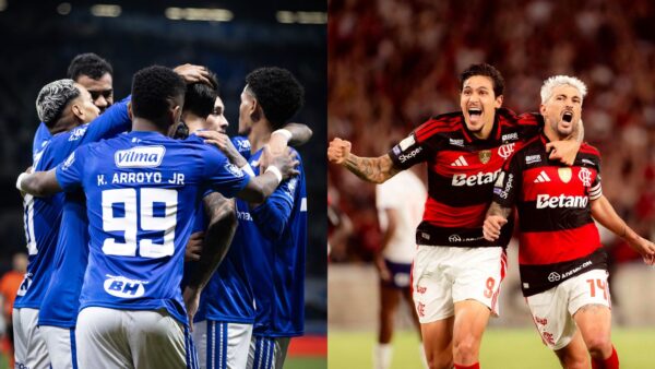 Jogadores do Cruzeiro e do Flamengo comemoram gols em fotos lado a lado