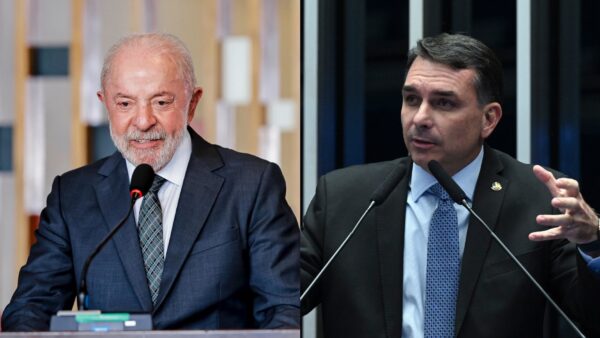 Montagem com fotos de Lula e do senador Flávio Bolsonaro discursando