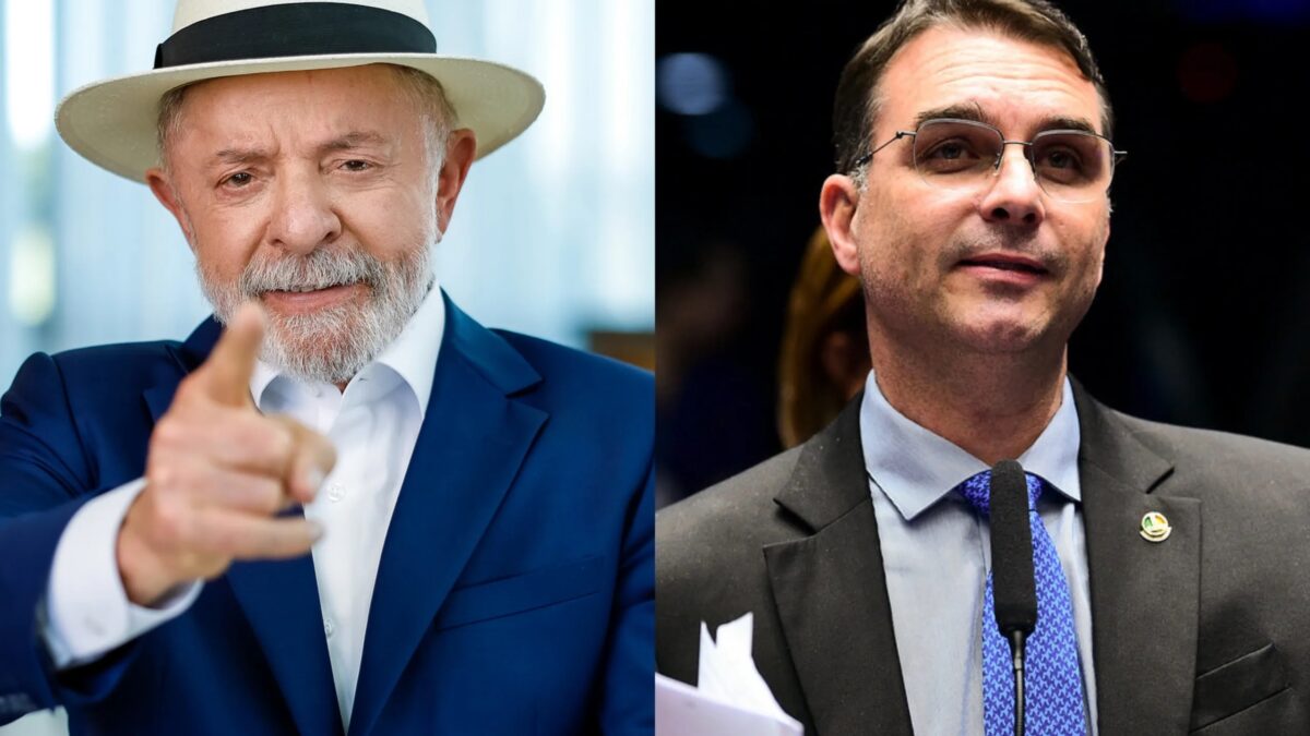Fotos lado a lado do presidente Lula e do senador Flávio Bolsonaro