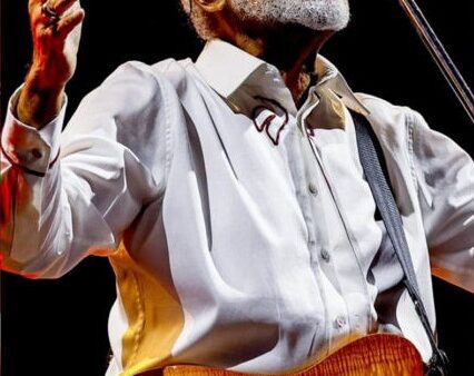 Gilberto Gil tocando guitarra e cantando ao microfone em show