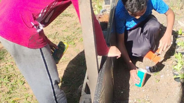 Jovens do projeto Bombeiro Mirim cuidam de horta durante curso de hortas urbanas em Mauá