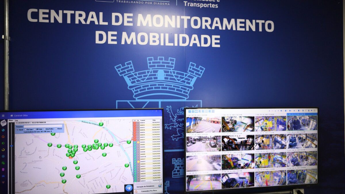 Telas da Central de Monitoramento de Mobilidade de Diadema com mapa de semáforos e câmeras de ônibus
