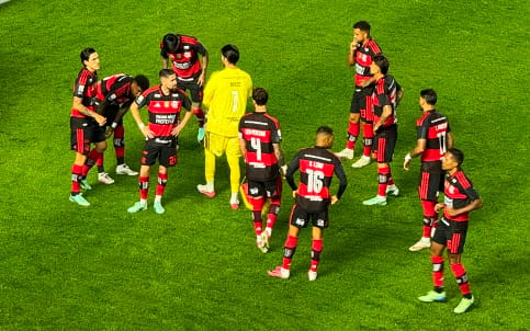 Jogadores do Flamengo perfilados no gramado da Vila Belmiro antes do jogo contra o Santos (Foto: Rafaela Cardoso/Lance!)